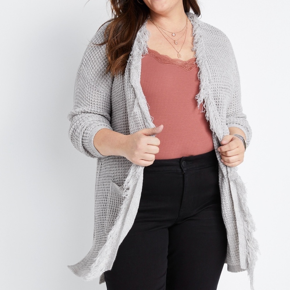 Maurices Fringe Hem Cardigan Light Gray Pocket Waffle Knit Cozy Small Women’s